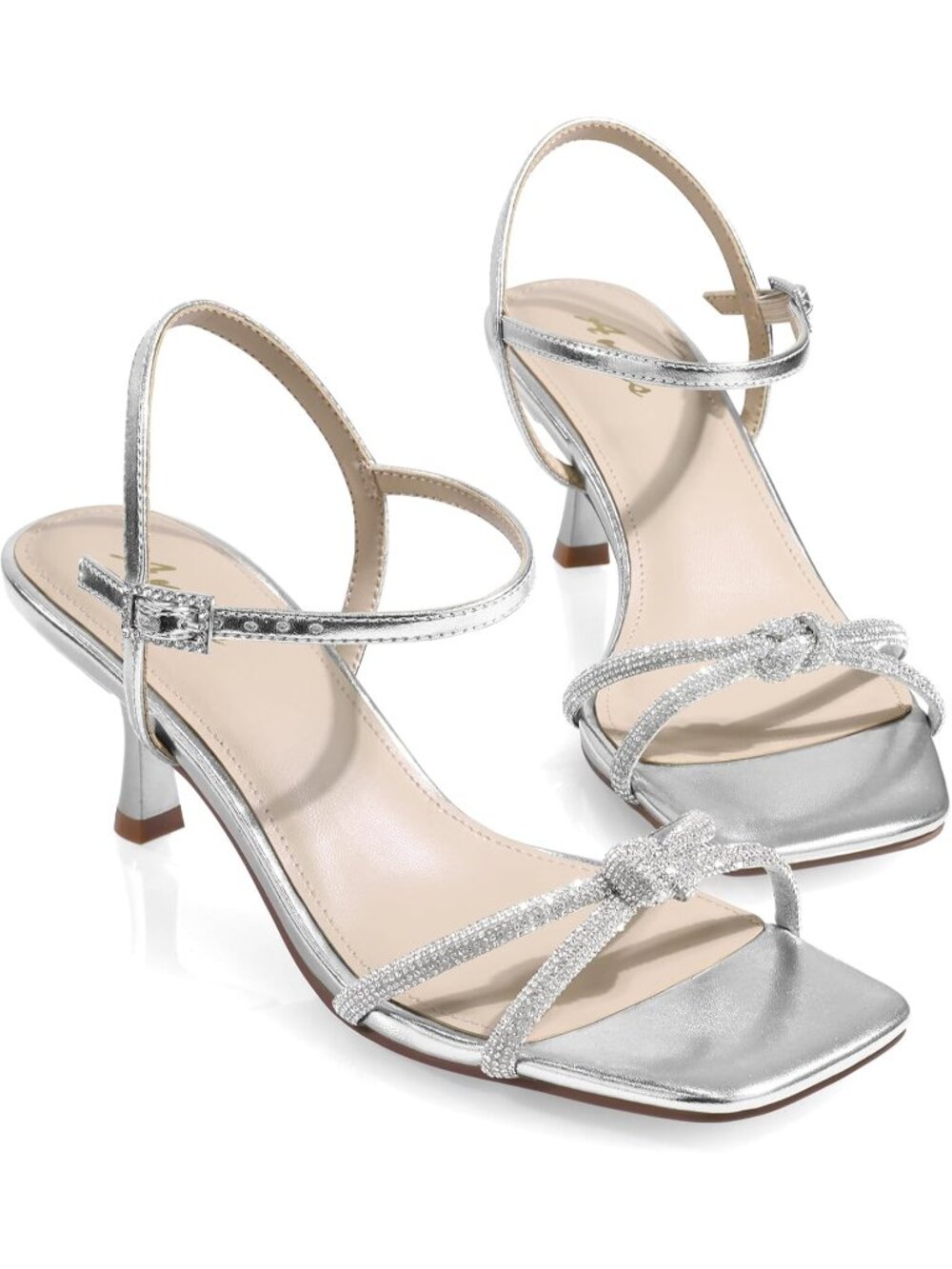 Women's Silver Comfortable Twisted Knot Rhinestone Strappy Kitten Heels Sandals